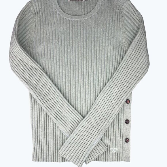 Tory Burch Lurex Stripe Metallic Ribbed Knit Side-Button Sweater Clear Mint M - Picture 3 of 14
